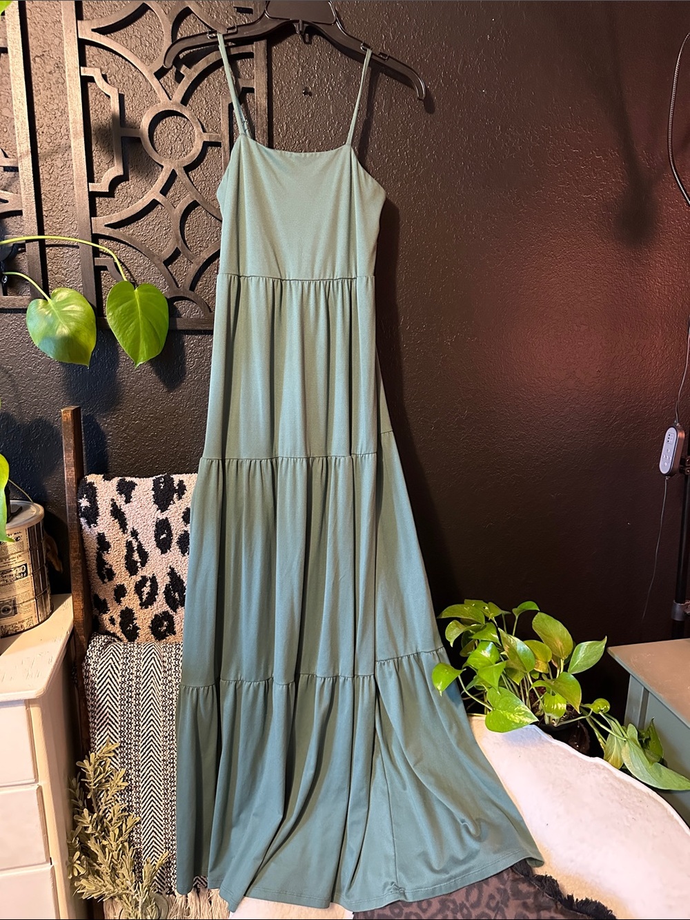 SO Sage Green Tiered Spaghetti-Strap Maxi Dress